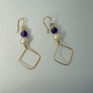 Geometric Amethyst and Pearl Dangle Earrings